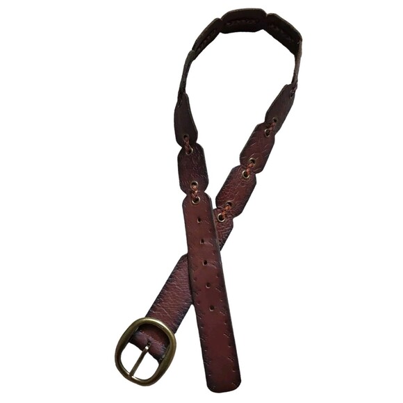 VTG Belt Braided Linked Leather Hippy Boho Hand Tooled Flowers Brass Buckle 37” - Picture 6 of 6